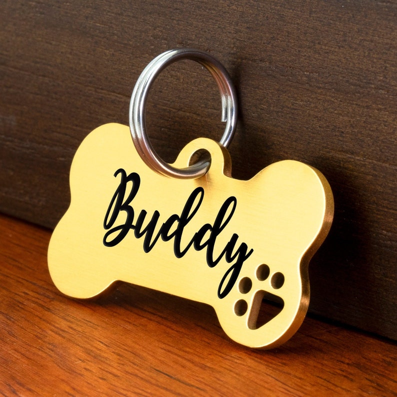 May include: Gold bone-shaped dog tag with a silver ring and the name "Buddy" engraved in black lettering. The tag also features a paw print.