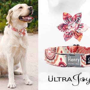 Floral Dog Collar, Personalized Dog Collar with Flower, Orange Daisy Dog Collar with Bowtie Engraved Dog Collar Personalized Dog Collar Girl