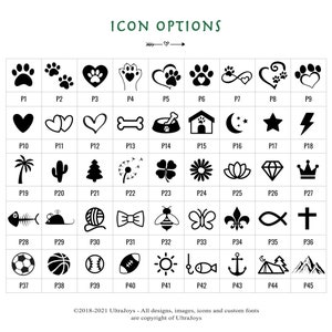 May include: A grid of 45 black and white icons representing various themes, such as animals, nature, sports, and symbols. Each icon is labeled with a number from P1 to P45.