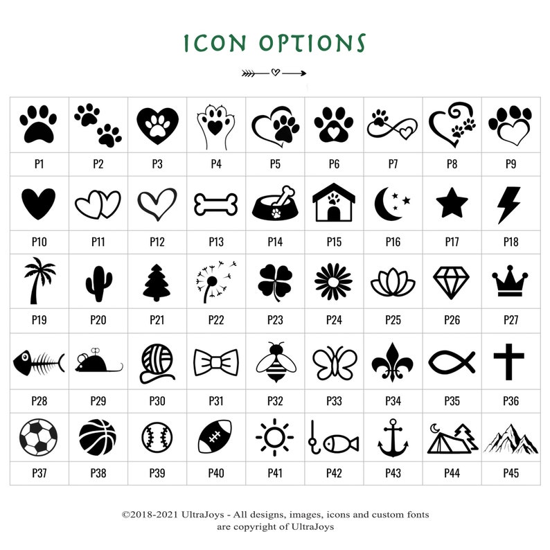 May include: A grid of 45 black and white icons representing various themes, such as animals, nature, sports, and symbols. Each icon is labeled with a number from P1 to P45.