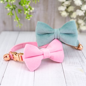 Cat Collar with Bell None Breakaway, Personalized Cat Collar Tag Optional, Small Dog Kitten Velvet Pink Purple Mint Blue Cat Collar Bow Tie
