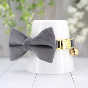 Grey Cat Collar with Bow Tie Personalized Cat Tag Optional with Free Jingle Bell, Tiny Dog Velvet Collar, Christmas Gift for Cat & Small Dog