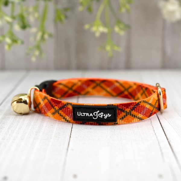 Breakaway Cat Collar with bell, Orange Plaid Cat Collar Breakaway, Fall Theme Halloween Thanksgiving Pumpkin Breakaway Cat Small Dog Collar