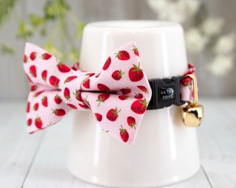 Breakaway Cat Collar with Bow Tie, Pink Strawberry Cat Collar Breakaway | Gift for Cat, Kitten, Small Dog Birthday Valentine Day Celebration