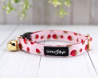 Breakaway Cat Collar with Bell, Pink Strawberry Cat Collar Breakaway | Gift for Cat, Kitten, Small Dog Birthday Valentine Day Celebration