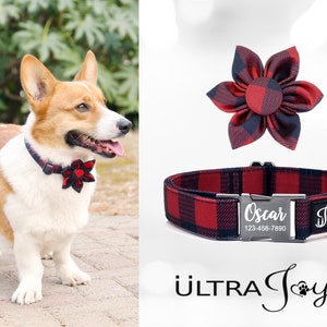 Personalized Dog Collar with Flower, Buffalo Check Custom Dog Collar Personalized, Engraved Dog Collar, Cute Dog Collar, Dog Collar Girl Boy