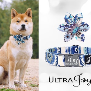 Personalized Dog Collar with Flower, Blue Daisy Dog Collar Personalized, Engraved Dog Collar, Cute Dog Collar  Custom Dog ID Collar Girl Boy