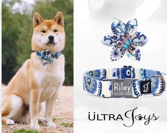 Personalized Dog Collar with Flower, Blue Daisy Dog Collar Personalized, Engraved Dog Collar, Cute Dog Collar  Custom Dog ID Collar Girl Boy