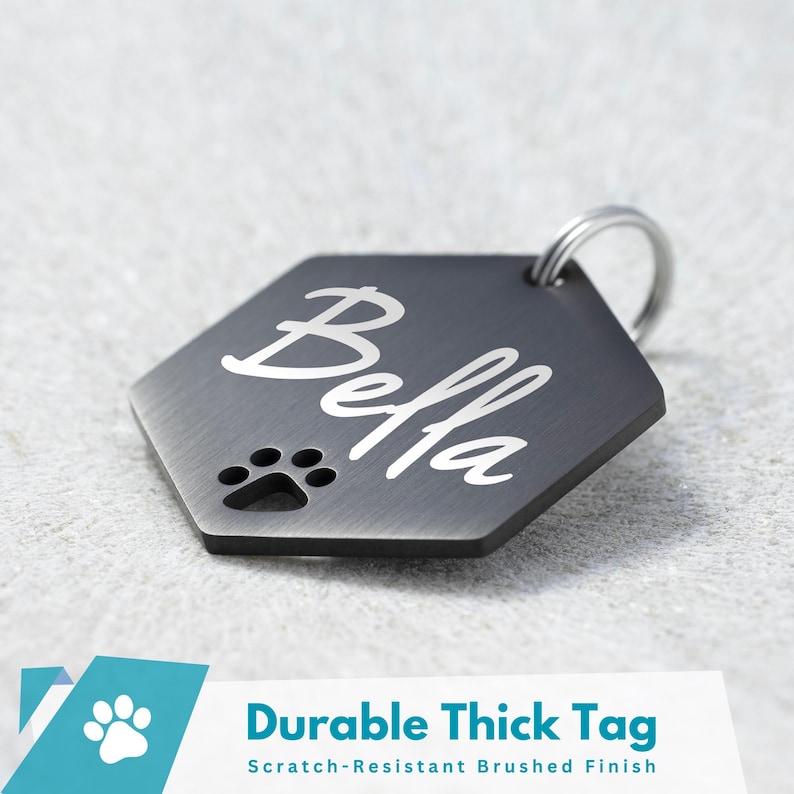May include: A black hexagonal dog tag with a brushed finish. The tag has a paw print cutout and the name "Bella" engraved in a silver font.