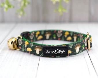 Breakaway Cat Collar with Bell, Mushrooms Cat Collar Breakaway, Small Pet Collar Green -Mystery Fantasy Fall Autumn | Cat, Kitten, Small Dog