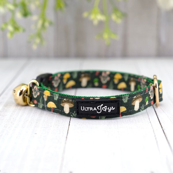 Breakaway Cat Collar with Bell, Mushrooms Cat Collar Breakaway, Small Pet Collar Green -Mystery Fantasy Fall Autumn | Cat, Kitten, Small Dog