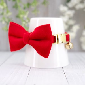 Cat Collar with Bow Personalized Cat Tag Optional with Free Jingle Bell, Tiny Dog Velvet Collar in Red, Christmas Gift for Cat & Small Dog