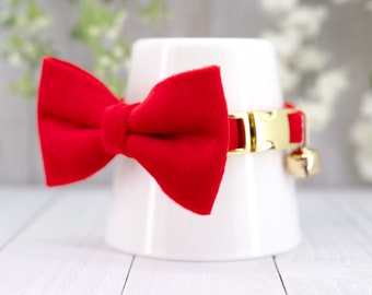 Cat Collar with Bow Personalized Cat Tag Optional with Free Jingle Bell, Tiny Dog Velvet Collar in Red, Christmas Gift for Cat & Small Dog