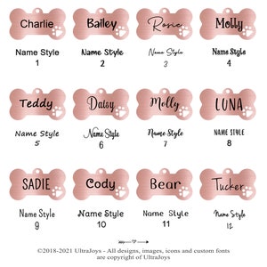 May include: Twelve different styles of rose gold dog tag bone shapes with paw prints and names. The names include Charlie, Bailey, Rosie, Molly, Teddy, Daisy, Luna, Sadie, Cody, Bear, and Tucker. The text below each tag reads "Name Style" and a number from 1 to 12.