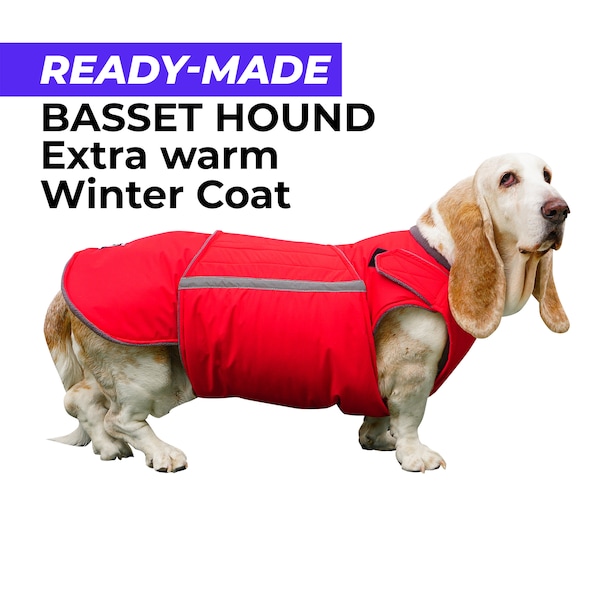 Fertiger Basset Hound Extra Warmer Wintermantel - Basset Hound Jacke - Wasserdichtes Außenmaterial mit Isolierung und Vliesfutter