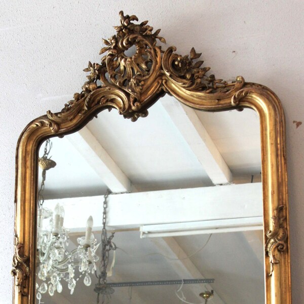 Mirror: Antique mirror, French gilted mirror, gold wall mirror, XIX century