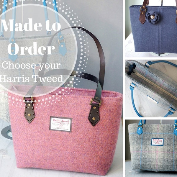 MADE TO ORDER - Harris Tweed tote bag |  large shoulder bag with leather shoulder straps and cotton lining with zip pockets - Made to Order