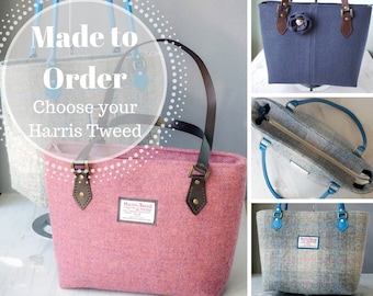 MADE TO ORDER - Harris Tweed tote bag |  large shoulder bag with leather shoulder straps and cotton lining with zip pockets - Made to Order