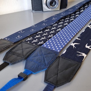 Handmade Fabric Camera Strap, with adjustable webbing strap. Aircraft, anchors, dotty or birds print