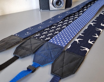 Handmade Fabric Camera Strap, with adjustable webbing strap. Aircraft, anchors, dotty or birds print