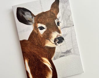 A6 Greeting Card, Cute Winter Deer, Hand Drawn Coloured Pencil Print.