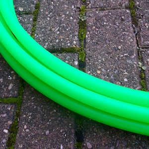 Puede incluir: Dos aros de hula de plástico verde brillante que descansan sobre una superficie de hormigón gris.