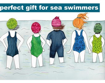 Five Friends Wild Swimming Print, wilde zwemmers, Irish Sea Swimmer Coastal Art (A4)