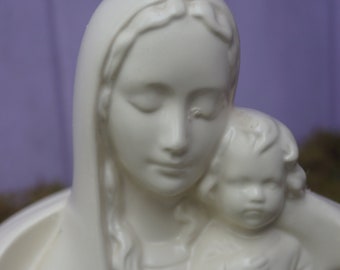 Vintage 1970's ivory white Mother Mary and Baby Jesus ceramic planter