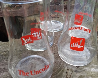 Perfect Condition Vintage 1980&#39;s Upsideown UnCola 7 UP Drinking glasses Coca Cola brand