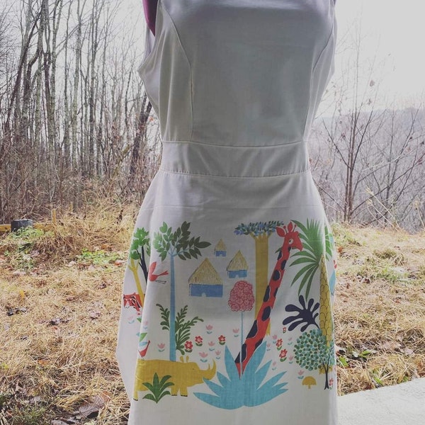 One of a kind dress made from a 1960s vinrage safari print bed sheet