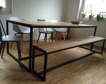 Set: Table + bench, wooden table, dining table "Industrial Black"