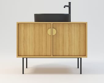 Bathroom vanity, oak cabinet, japandi commode, real wood "Vuku"