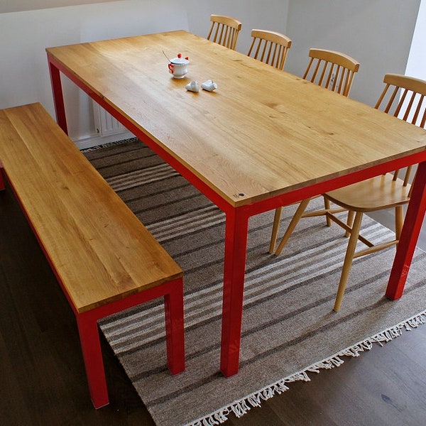 Wooden table + bench, dining table, Industrial Red