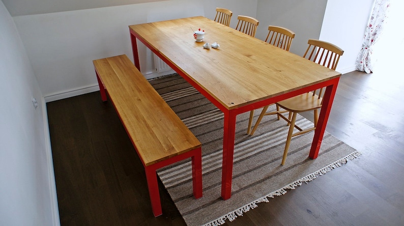 Wooden table bench, dining table, Industrial Red image 1