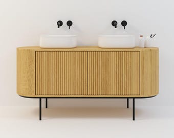 Rounded bathroom vanity, cabinet, commode with lamellae, grooved fronts, "Hennes"