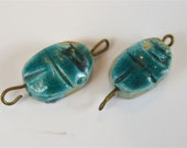 2 small antique Egyptian blue faince scarab beetle beads pendant with Hieroglyphs DQ1