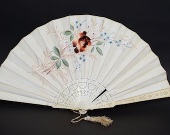 Antique Victorian hand painted and embroidered ladies hand fan