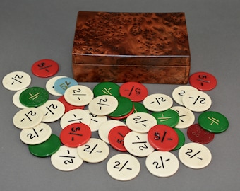 Antique olive wood box containing vintage gaming chips