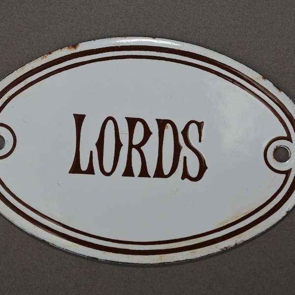 Vintage porcelain enamel LORDS door sign toilet plaque English circa.1970's
