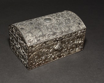 Vintage foliate embossed metal jewel casket dome top box E