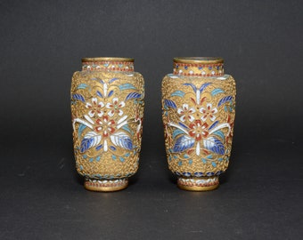 Pair of small antique gilded vases with enamel decoration Eastern Cloisonné EB