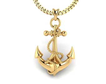 14k Gold Vermeil Anchor Necklace, 3D Anchor Charm, Anchor Pendant with Chain. Double Sided, Solid Pendant, Nautical Jewelry