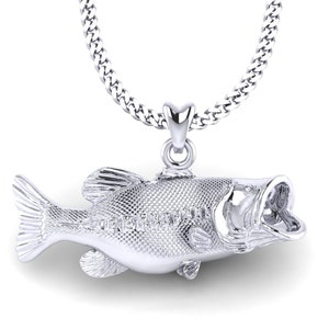 925 Sterling Silver Largemouth Bass Fish Necklace, Bass Charm, Bass Pendant with Chain. Jewelry for Outdoorsmen, Sportfish Jewelry