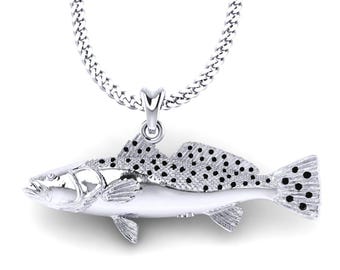 925 Sterling Silver Speckled Trout Fish Necklace, Trout Fish Charm, Trout Pendant with Chain. Jewelry for Outdoorsmen, Sportfish Jewelry