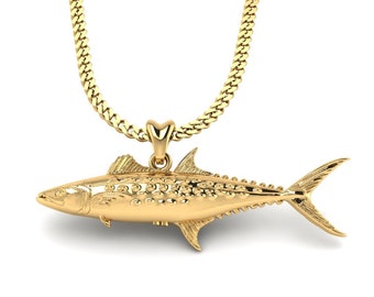 14k Gold Spanish Mackerel Necklace, Mackerel Pendant with Chain. Jewelry for Fishermen, Sportfish Jewelry. Thick Gold Plated Silver Jewelry.