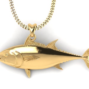 14k Gold Tuna Fish Necklace, Tuna Pendant with Chain. Jewelry for Fishermen, Sportsfish Jewelry. Thick Gold Plated Silver Jewelry.