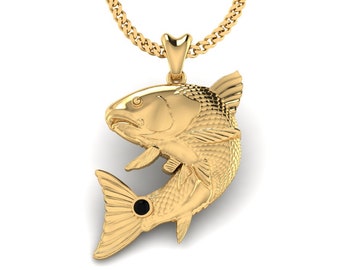 14k Gold Vermeil Redfish v.2 Necklace, Redfish "In Action" Charm, Red Drum Fish Pendant with Chain. Jewelry for Fishermen, Sportfish Jewelry