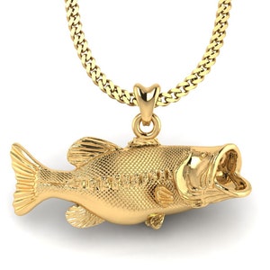 14k Gold Largemouth Bass Fish Necklace, Bass Pendant. Jewelry for Outdoorsmen, Sportfish Jewelry. Thick Gold Plated Silver Jewelry.