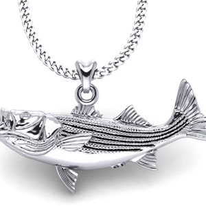 925 Sterling Silver Striped Bass Fish Necklace, Striper Fish Charm, Bass Pendant with Chain. Jewelry for Outdoorsmen, Sportfish Jewelry
