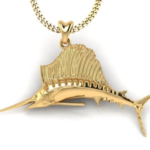 14k Gold Sailfish Necklace, Sailfish Pendant with Chain. Jewelry for Fishermen, Sportfish Jewelry. Thick Gold Plated Silver Jewelry.